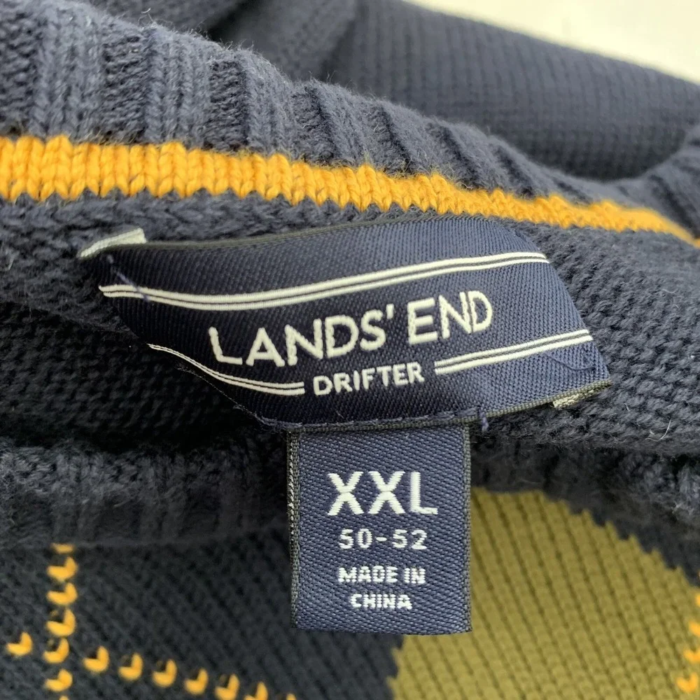 Lands End Drifter Argyle  Crew Neck Sweater Men XXL   Jumper  100%‎ Cotton Blue